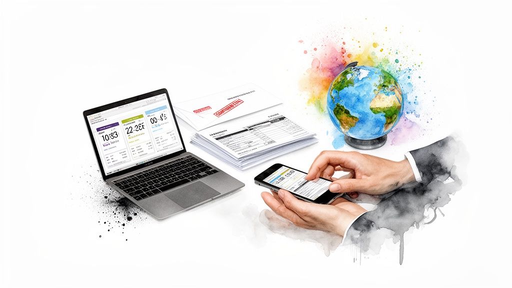 Digital tools and paperwork for global business operations, including a laptop, smartphone, and documents.