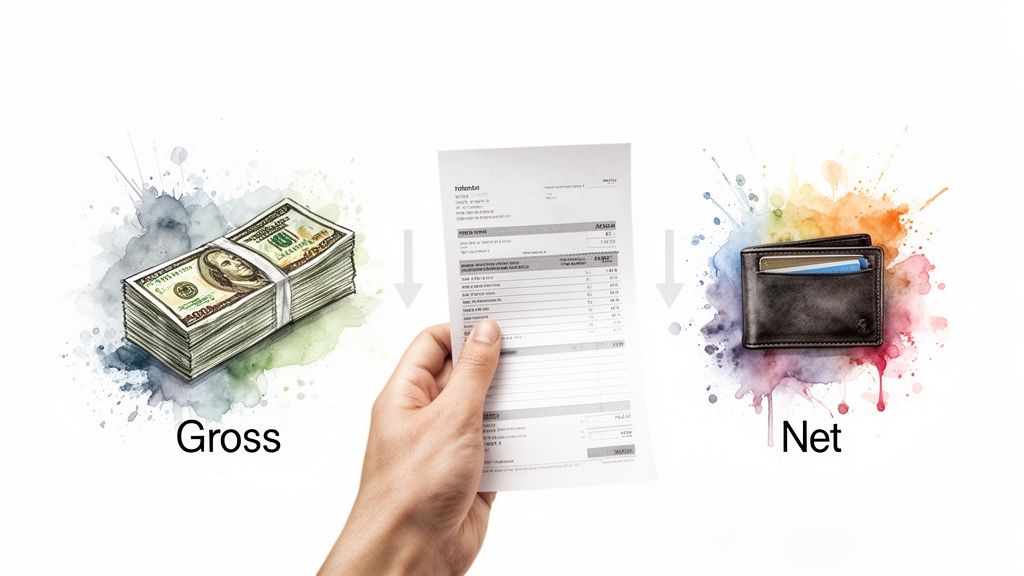 Illustration showing gross money, a payslip, and net money in a wallet, detailing income deductions.