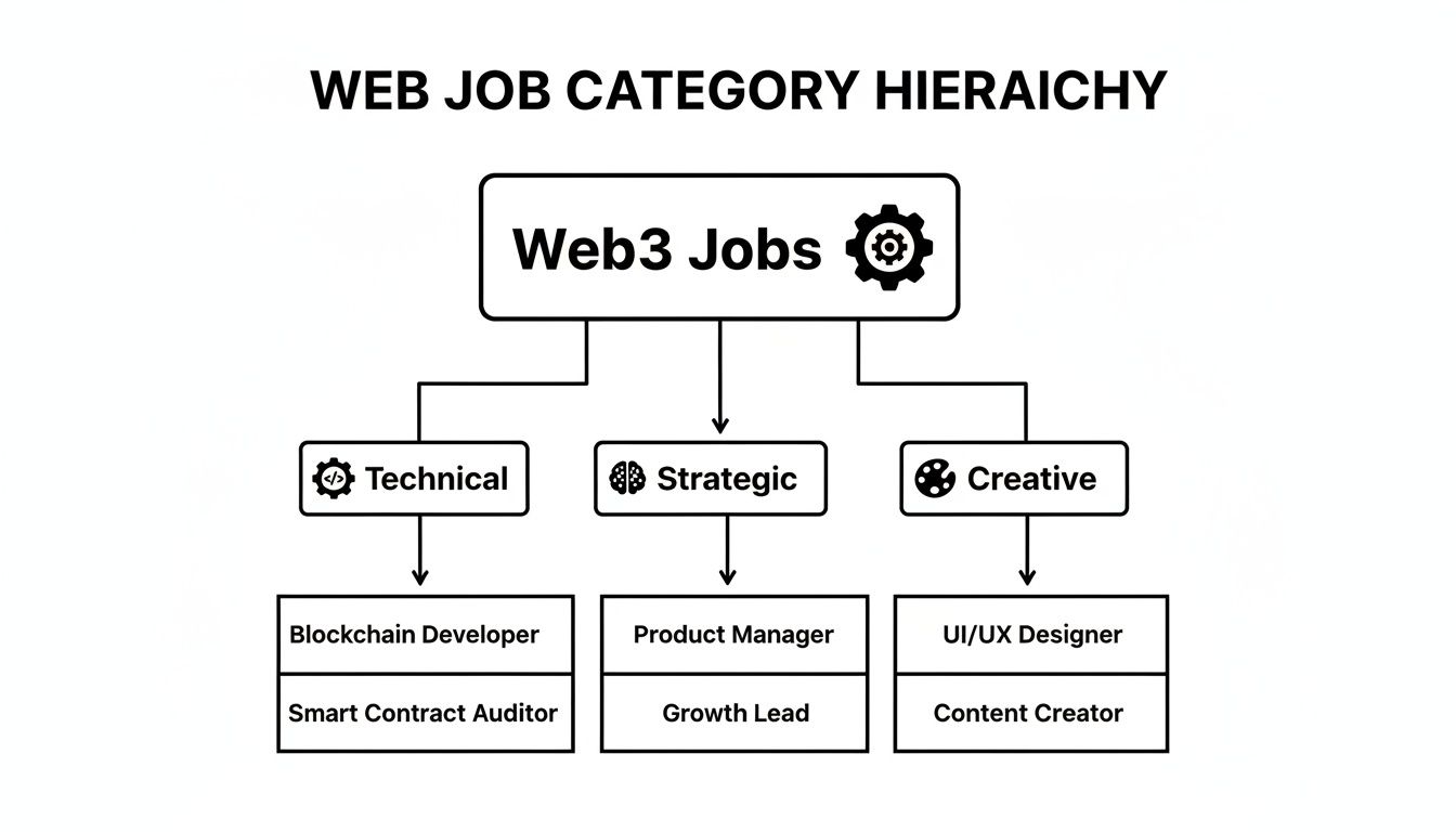 A hierarchy chart displaying Web3 job categories: Technical, Strategic, and Creative roles with examples.