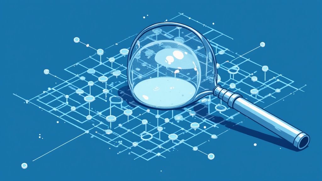 A person using a magnifying glass to inspect a digital screen showing blockchain job listings, symbolizing the careful search for legitimate roles.