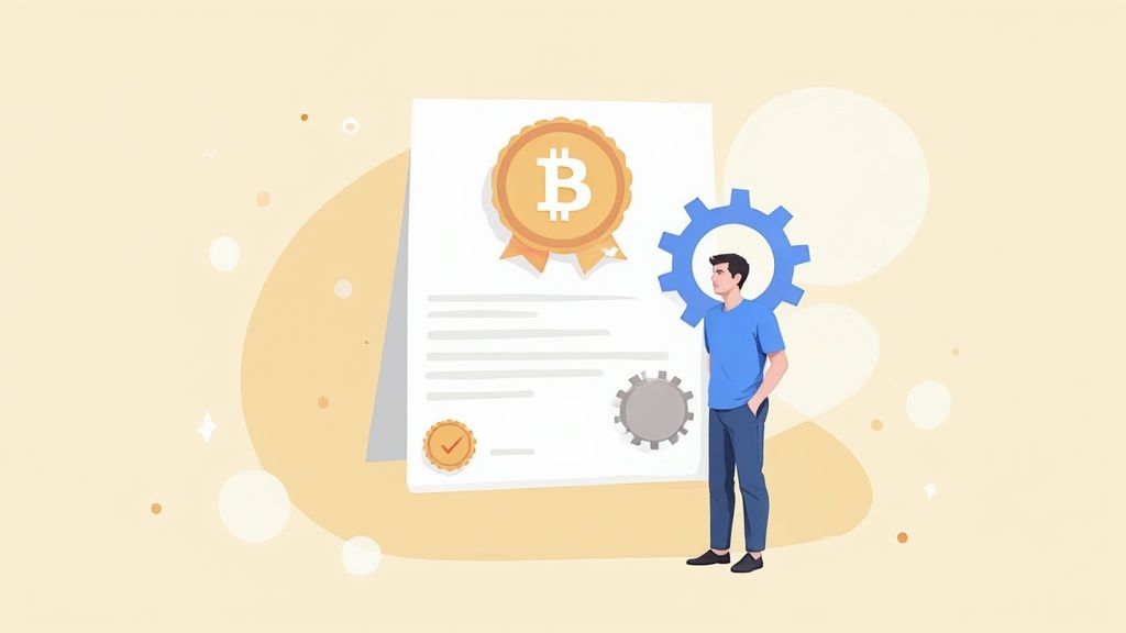 A person working on a laptop with code on the screen and blockchain graphics overlaid
