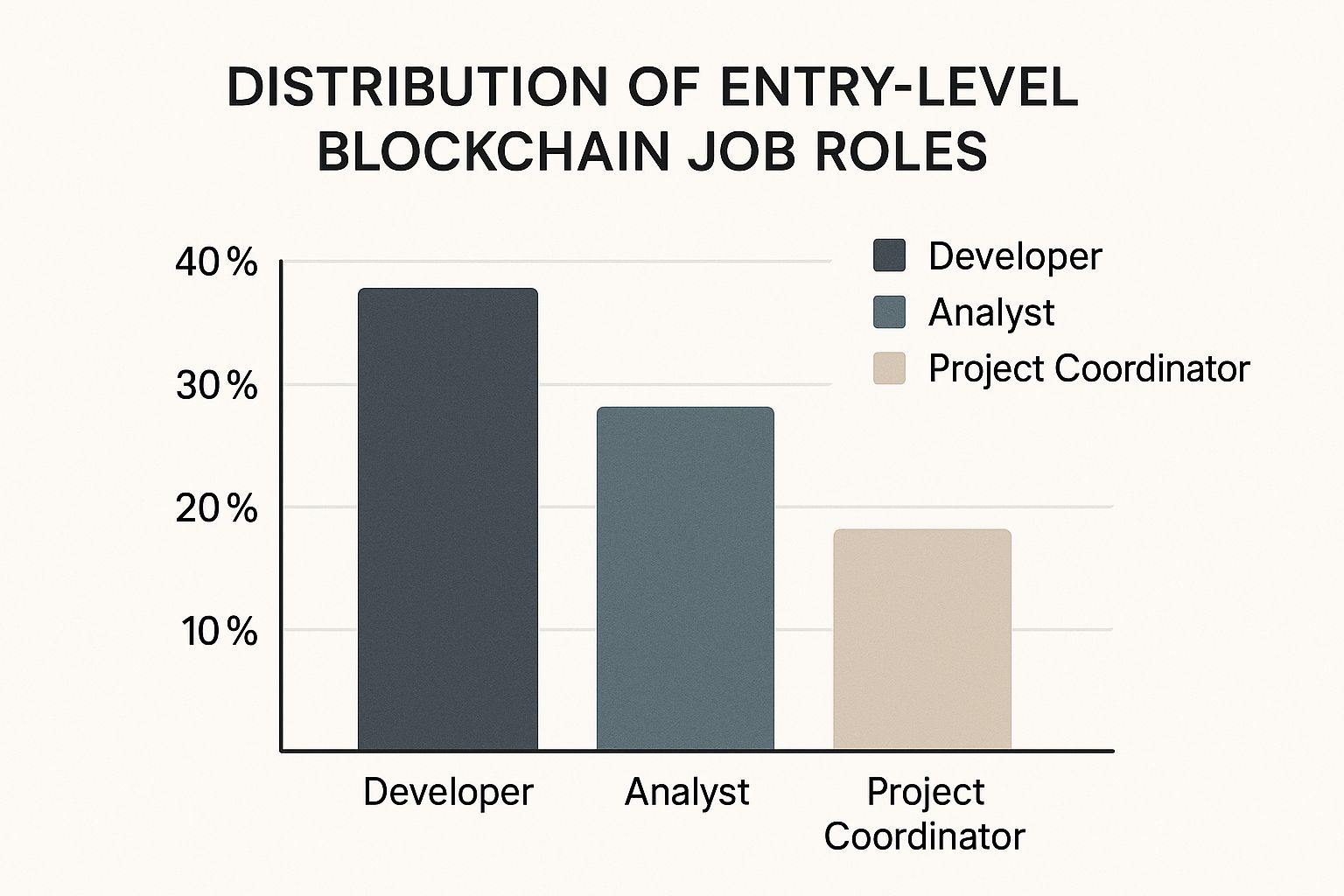 Infographic showing the distribution of entry level blockchain jobs with Developer at 40%, Analyst at 30%, and Project Coordinator at 15%.