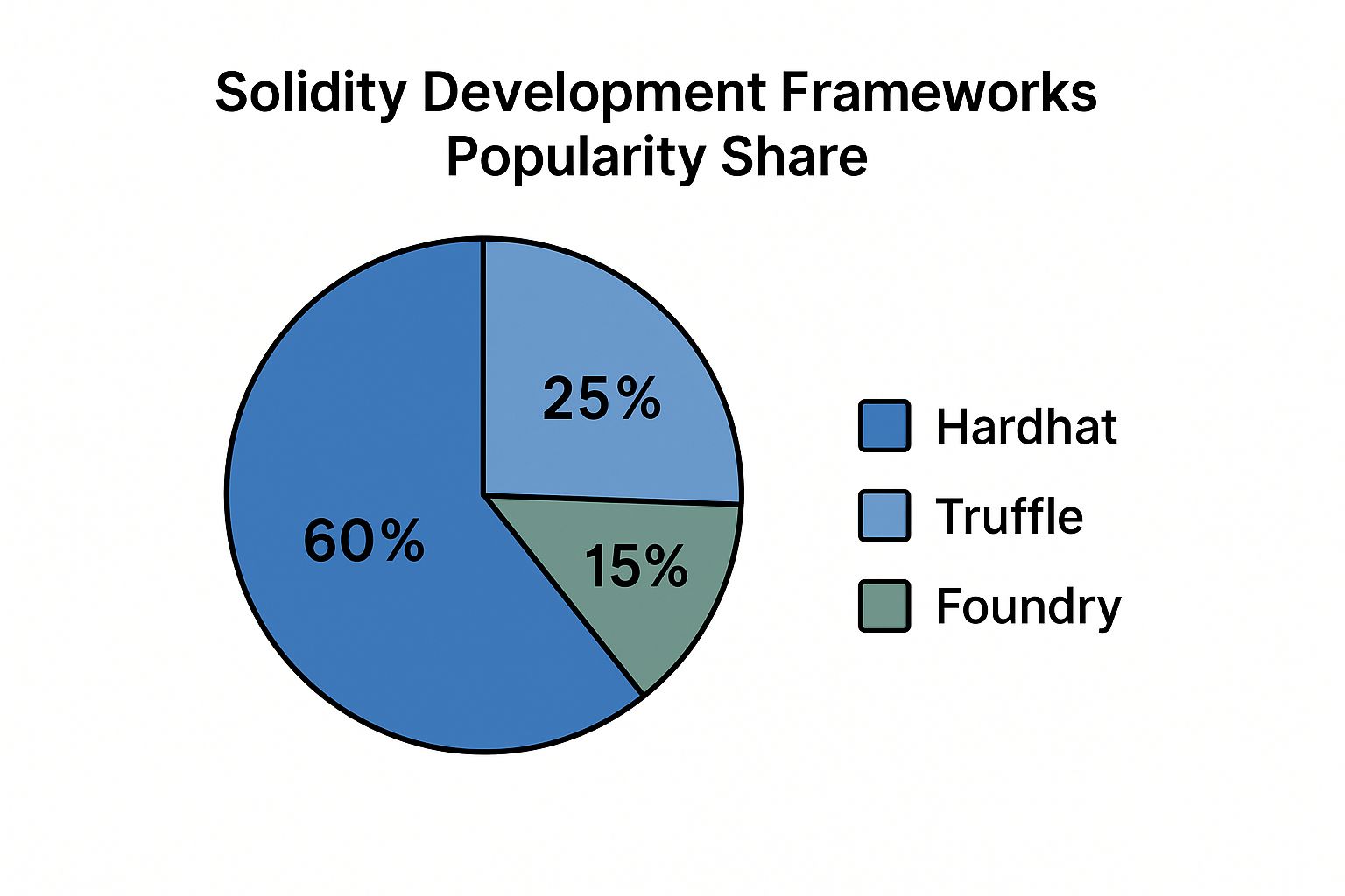 Infographic showing Hardhat with 60% popularity, Truffle with 25%, and Foundry with 15%.