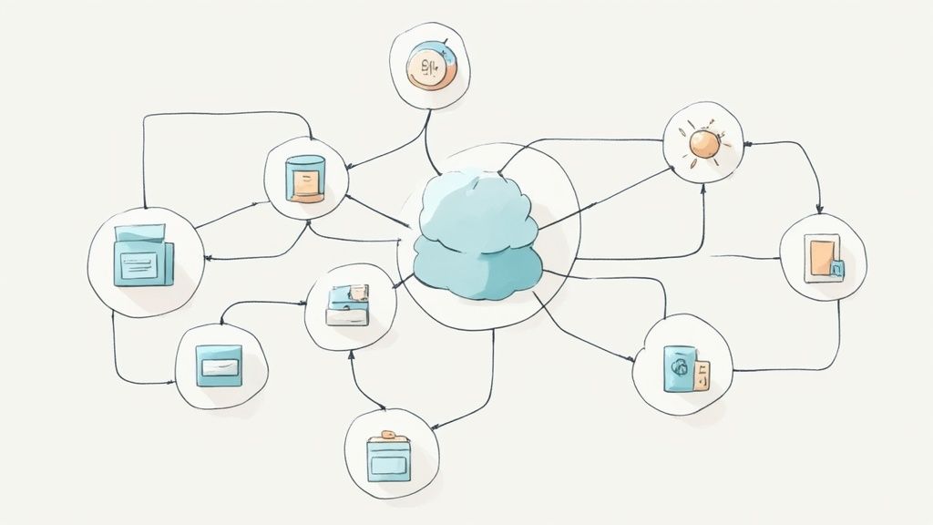 An abstract illustration of interconnected digital nodes representing a distributed system's architecture.