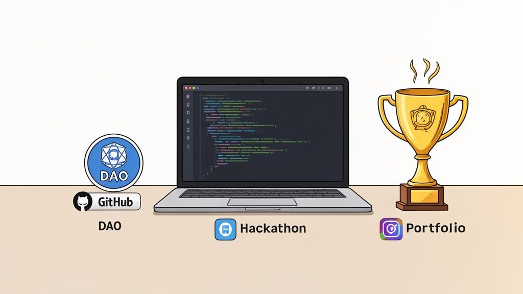 An illustration showing a laptop with code, DAO, GitHub, Hackathon, and Portfolio icons, plus a golden trophy.