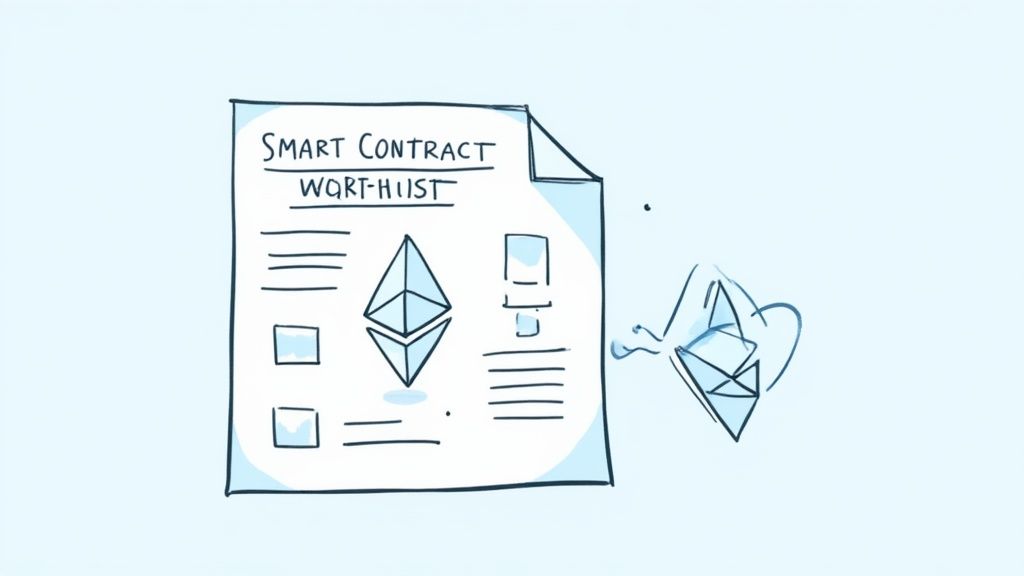 Illustration showing a smart contract being deployed to a blockchain network.