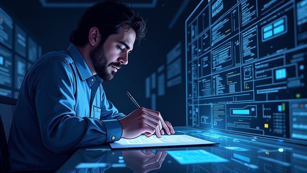 An illustration representing a Blockchain Developer working on code with blockchain network nodes in the background.