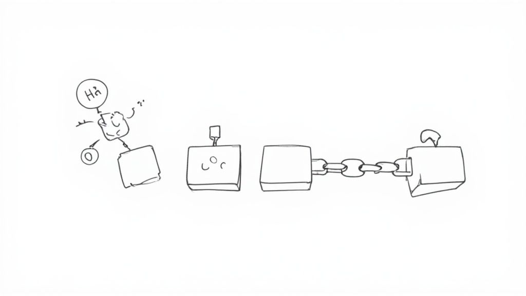 Infographic detailing the core cryptographic components of a blockchain: hash functions linking blocks, digital signatures for transactions, and Merkle trees for data integrity.
