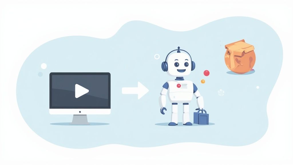 An illustration of a comprehensive self-service portal, featuring a knowledge base, FAQs, and video tutorials, demonstrating user empowerment.