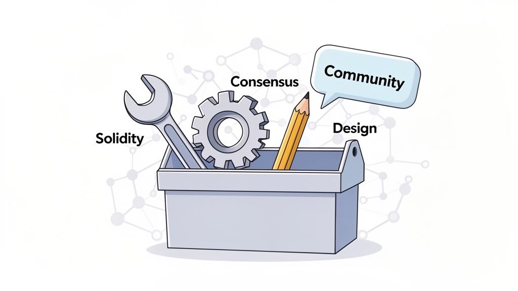 A toolbox containing a wrench, gear, and pencil, labeled Solidity, Consensus, Design, and Community, representing development tools.