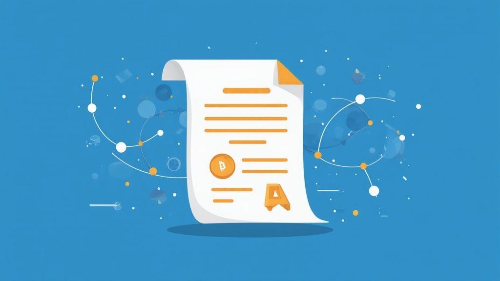 A stylized, glowing icon representing a secure smart contract, floating in a digital network.