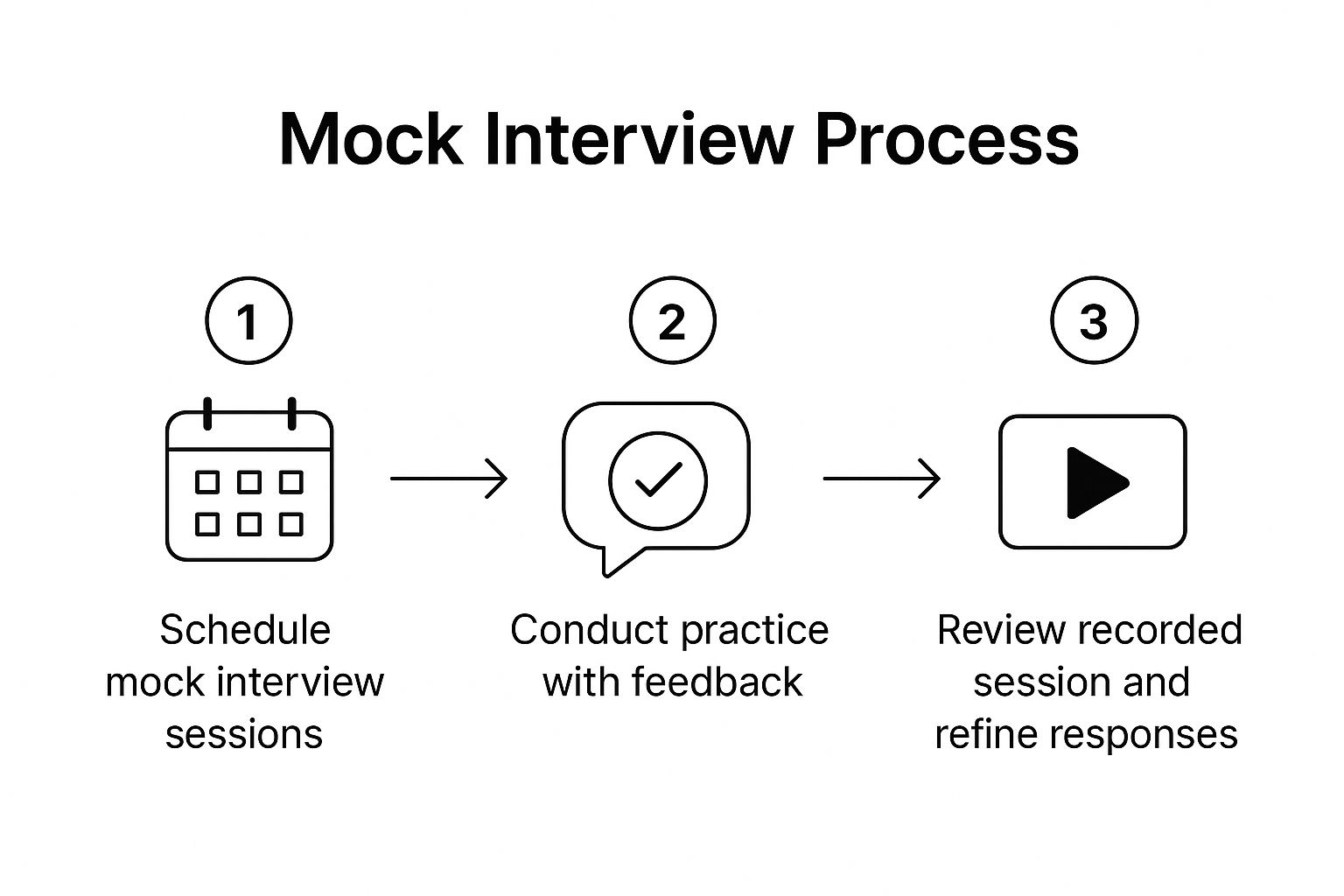 Infographic showing a three-step process for mock interviews: Schedule, Conduct & Feedback, and Review & Refine.