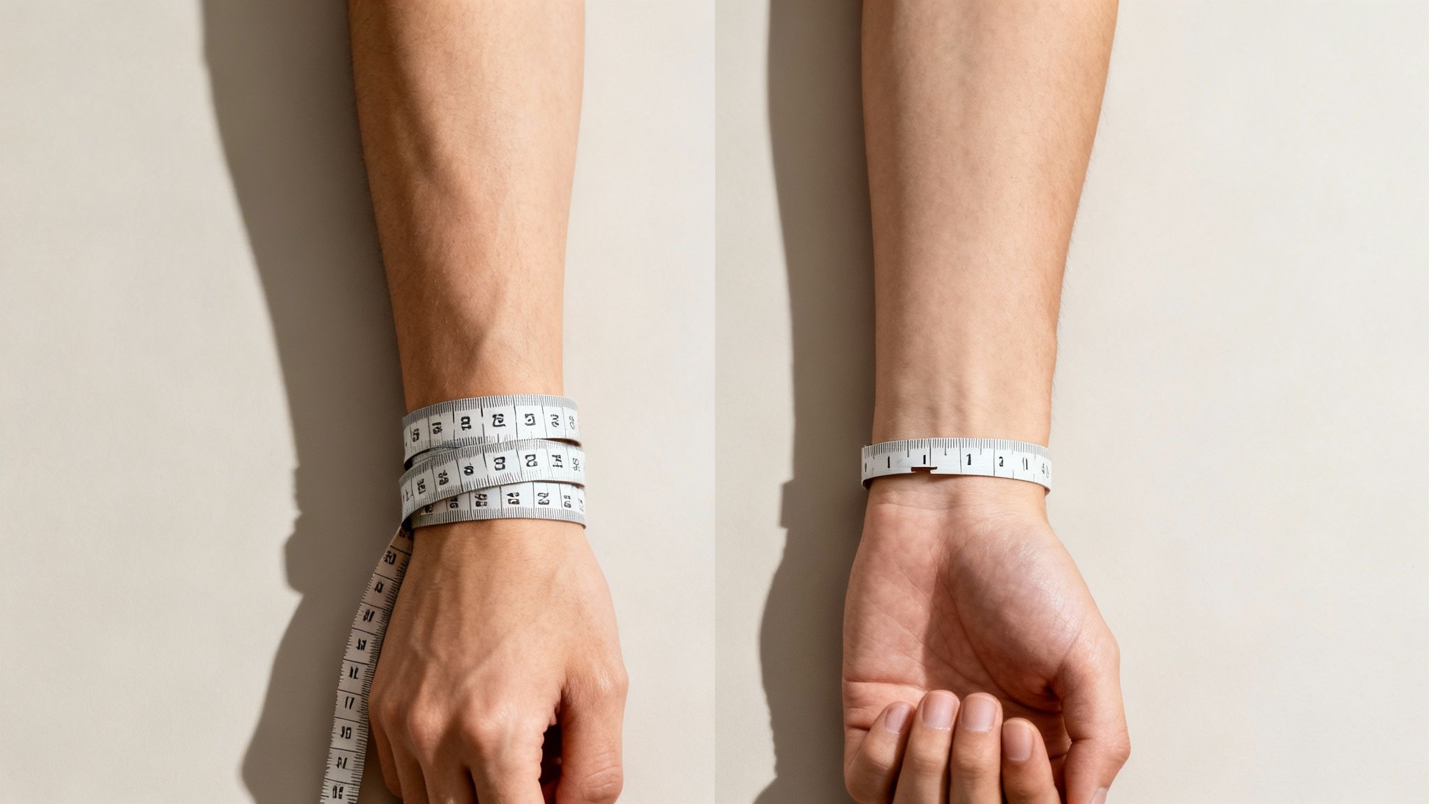 Two arms display wrists with a measuring tape, one wrapped multiple times, the other showing a clear measurement.