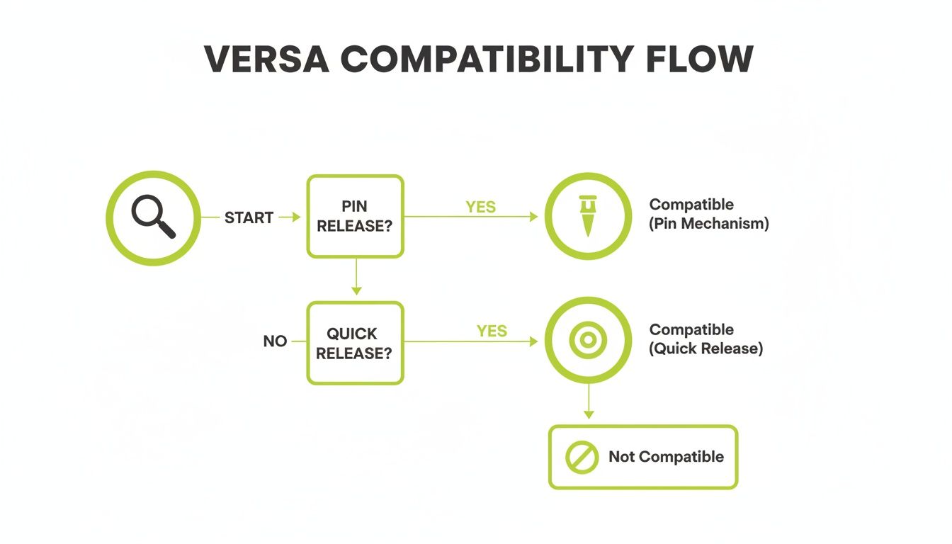 Flowchart illustrating the VERSA compatibility process for pin release and quick release mechanisms.