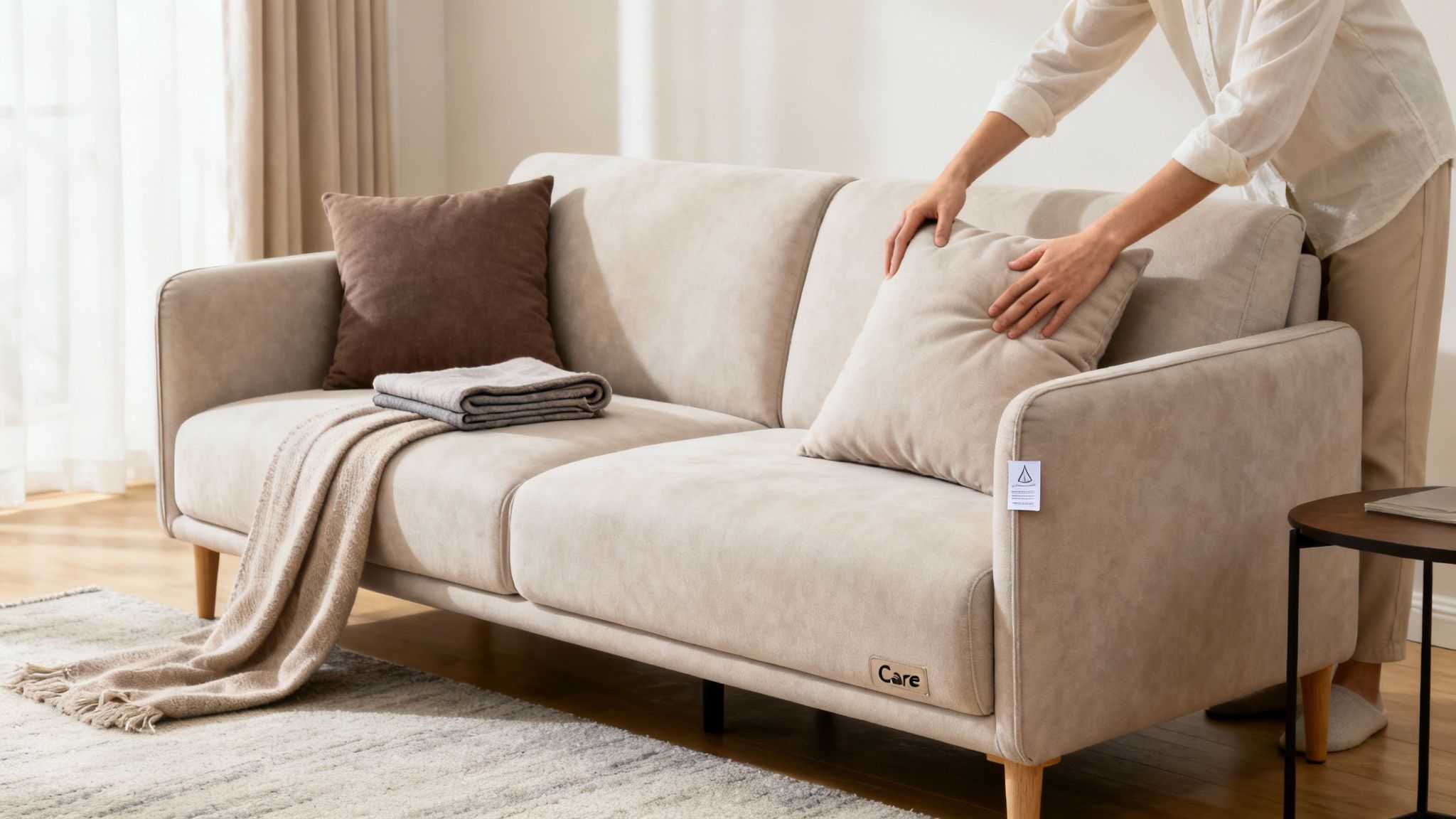 A person arranging a cream-colored sofa with cozy pillows and blankets in a bright living room.