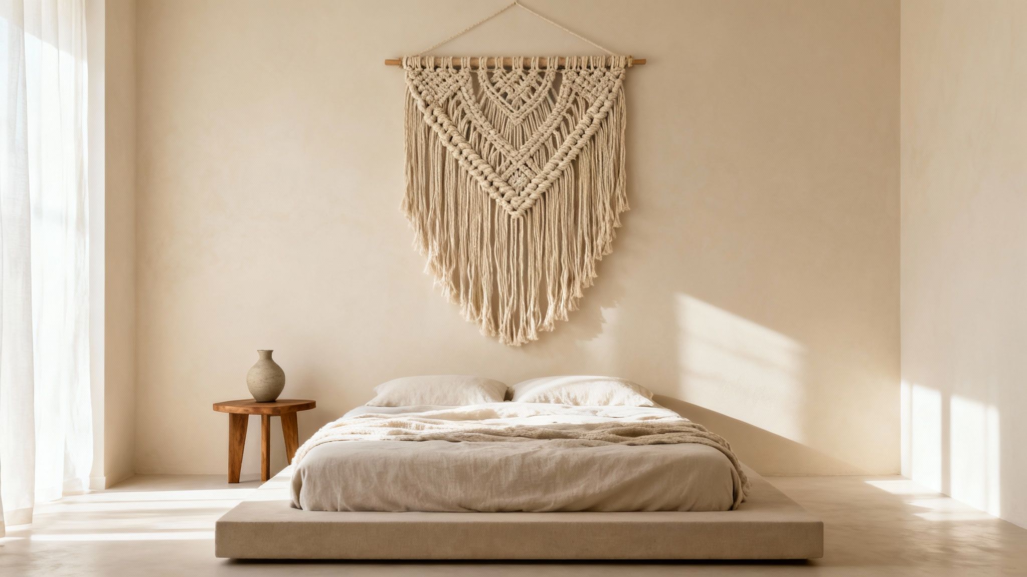 A serene boho bedroom with a large macrame wall hanging, a low platform bed, and a wooden side table.