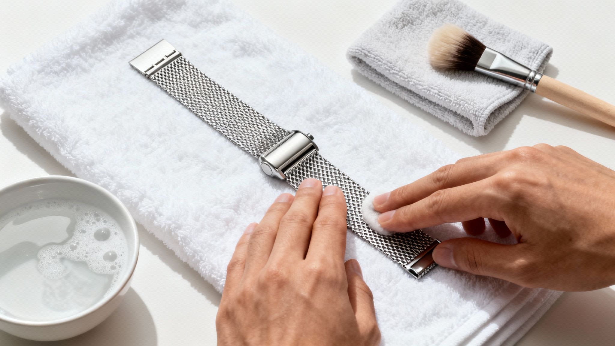 A person meticulously cleans a silver Milanese watch band with a cotton pad on a white towel.