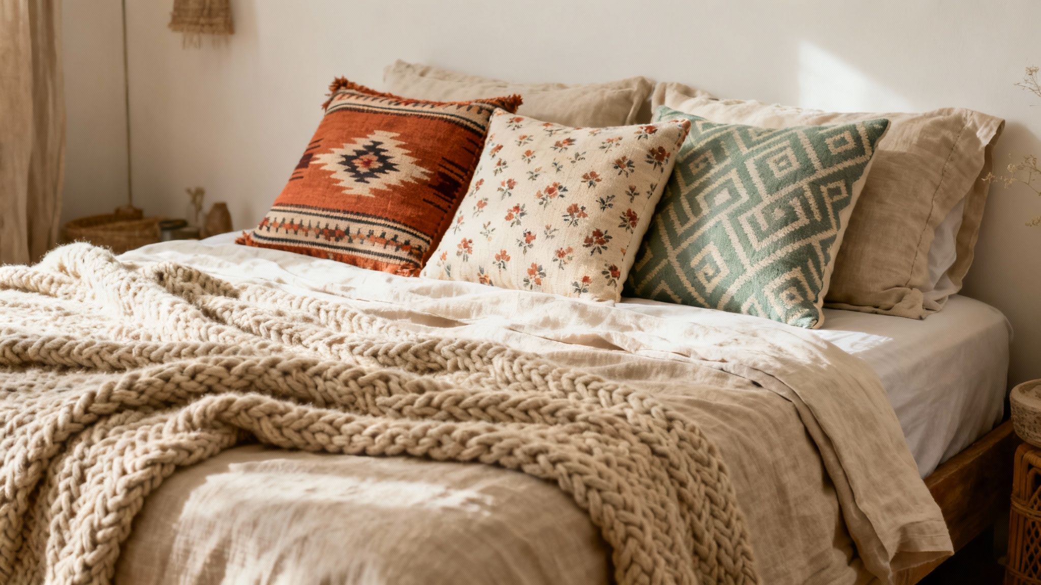 A cozy bohemian bedroom featuring various patterned pillows and a chunky knit blanket on a bed.