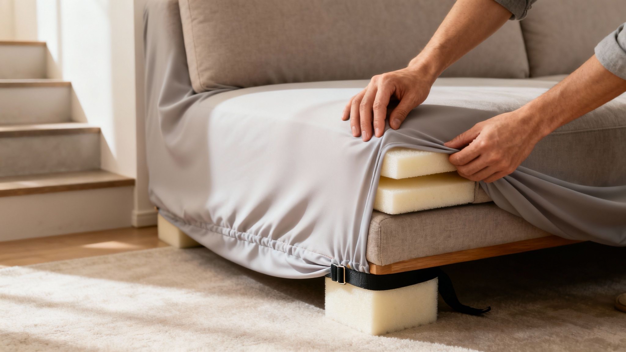 A person fitting a grey fabric protector over a sofa's foam inserts.
