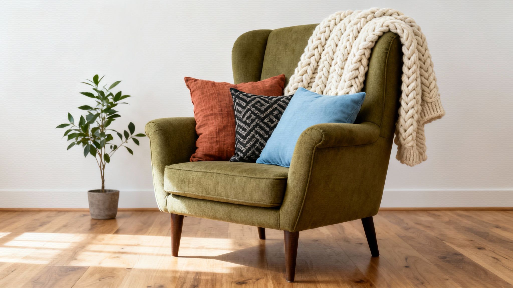 An inviting olive green armchair with colorful pillows, a cream knit blanket, and a potted plant.