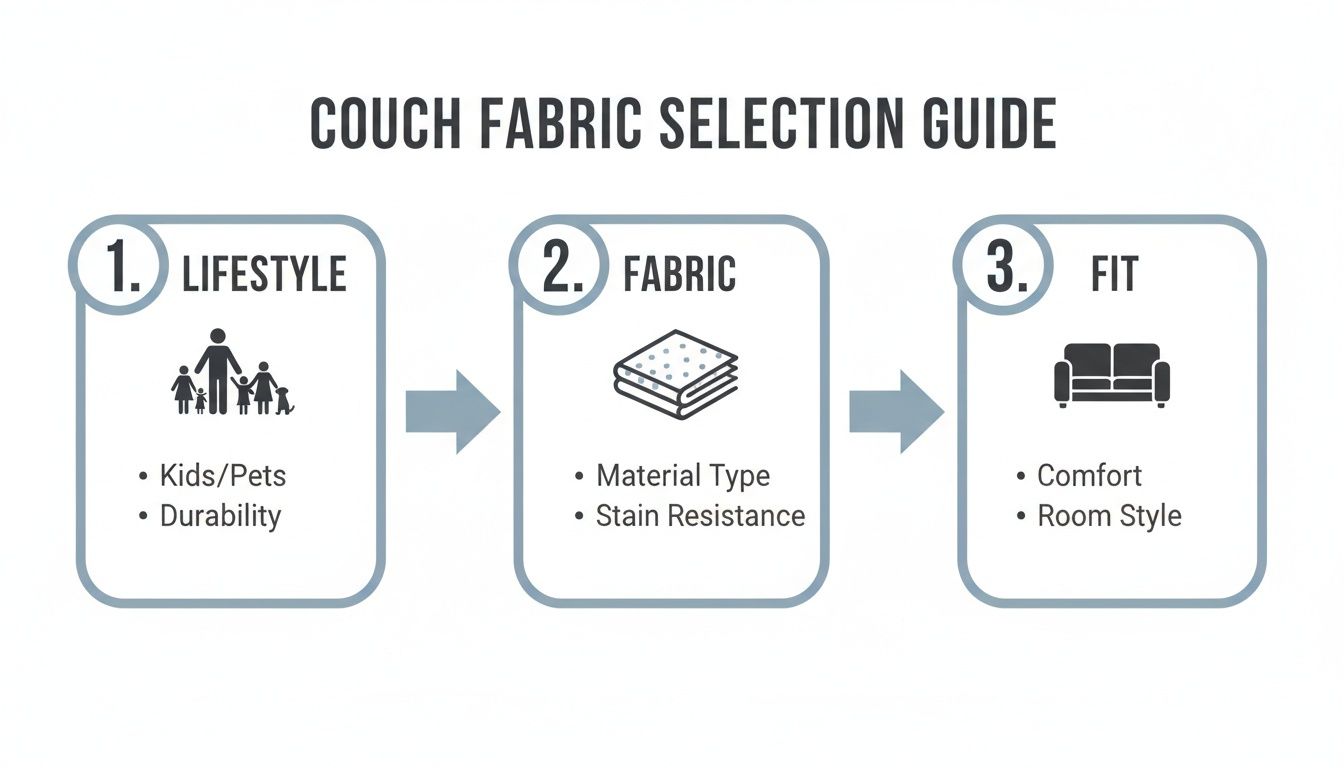 Infographic: Couch fabric selection guide detailing lifestyle, fabric type, and fit considerations for choosing the perfect couch.