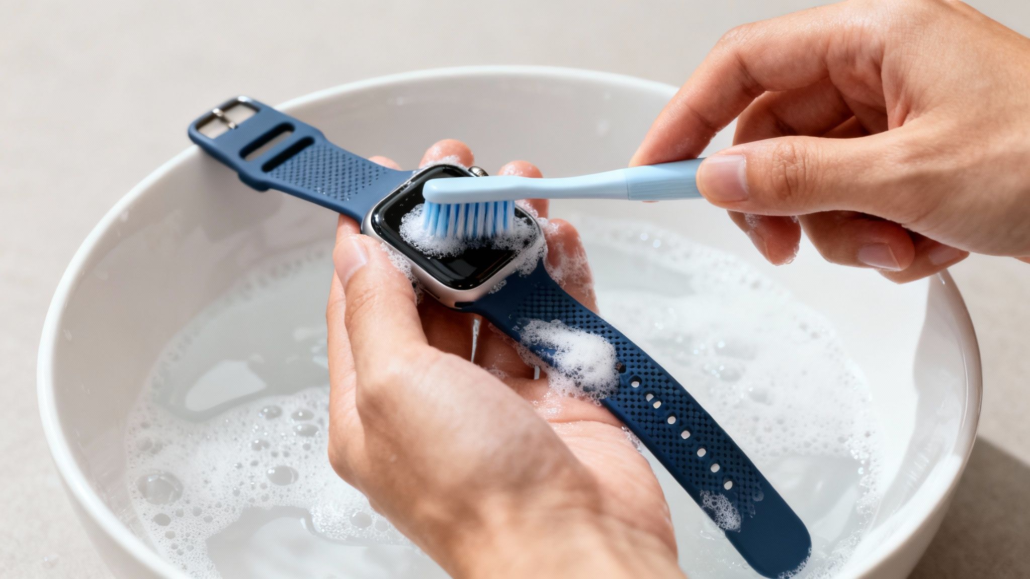 Hands gently cleaning an Apple Watch with a blue band using a toothbrush in soapy water.