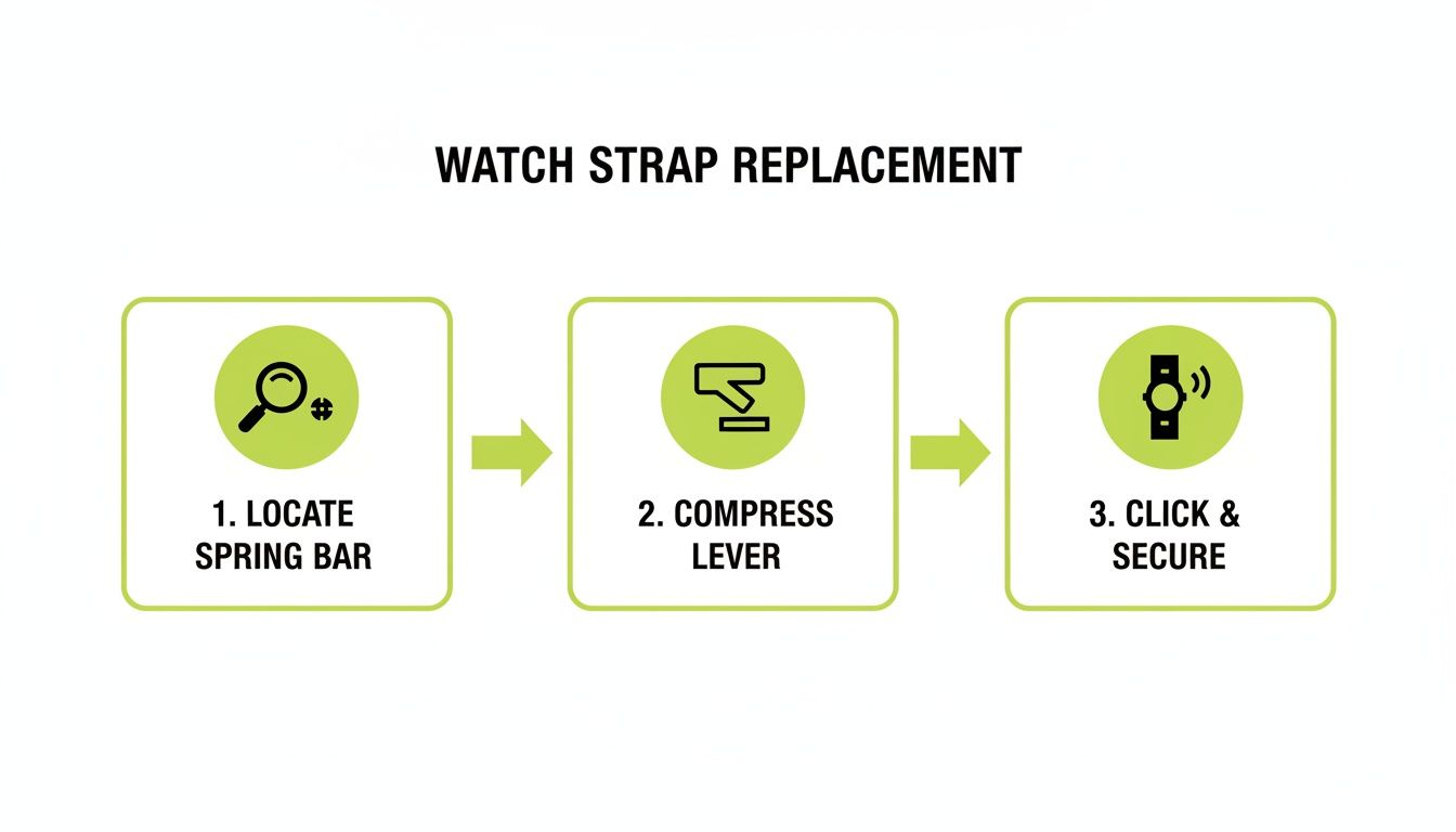 A three-step infographic on how to replace a watch strap, showing locating spring bar, compressing lever, and securing.