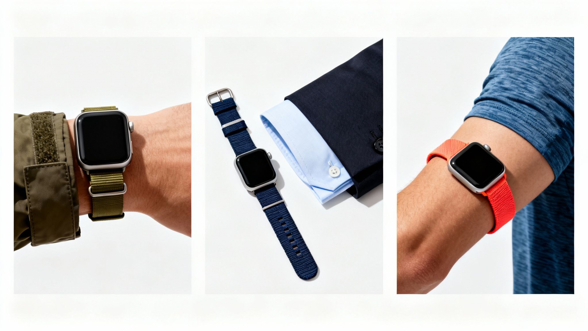Three distinct wrists display Apple Watches with olive green, navy, and orange nylon straps.