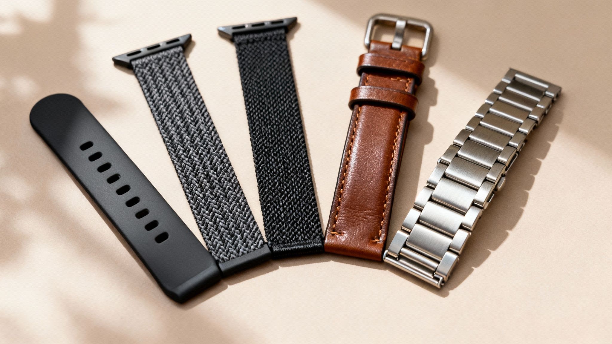 Five diverse watch straps including black silicone, grey braided, black woven, brown leather, and silver metal.