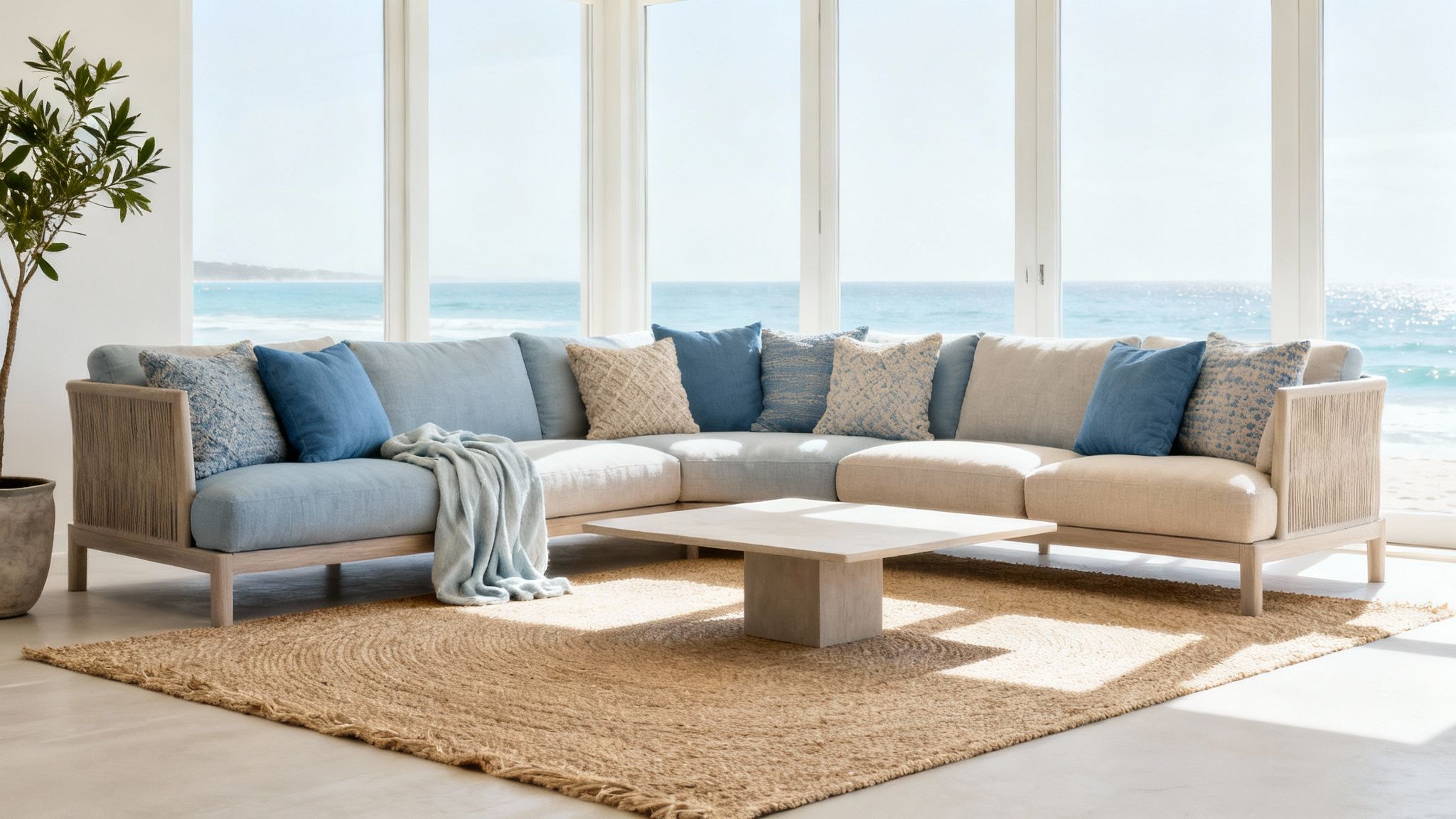 A luxurious light blue and beige sectional sofa with throw pillows in a bright living room overlooking the ocean.