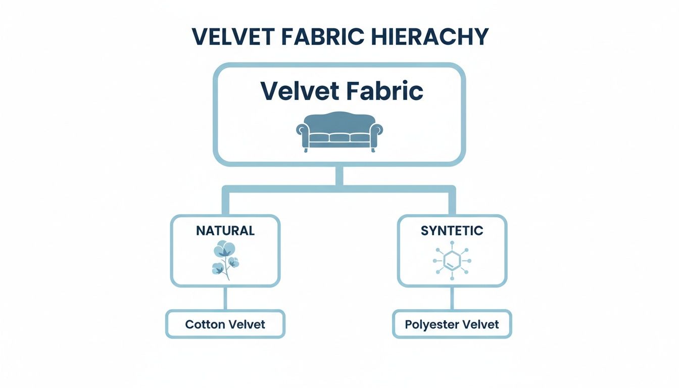 Velvet fabric hierarchy diagram showcasing natural cotton velvet and synthetic polyester velvet types.