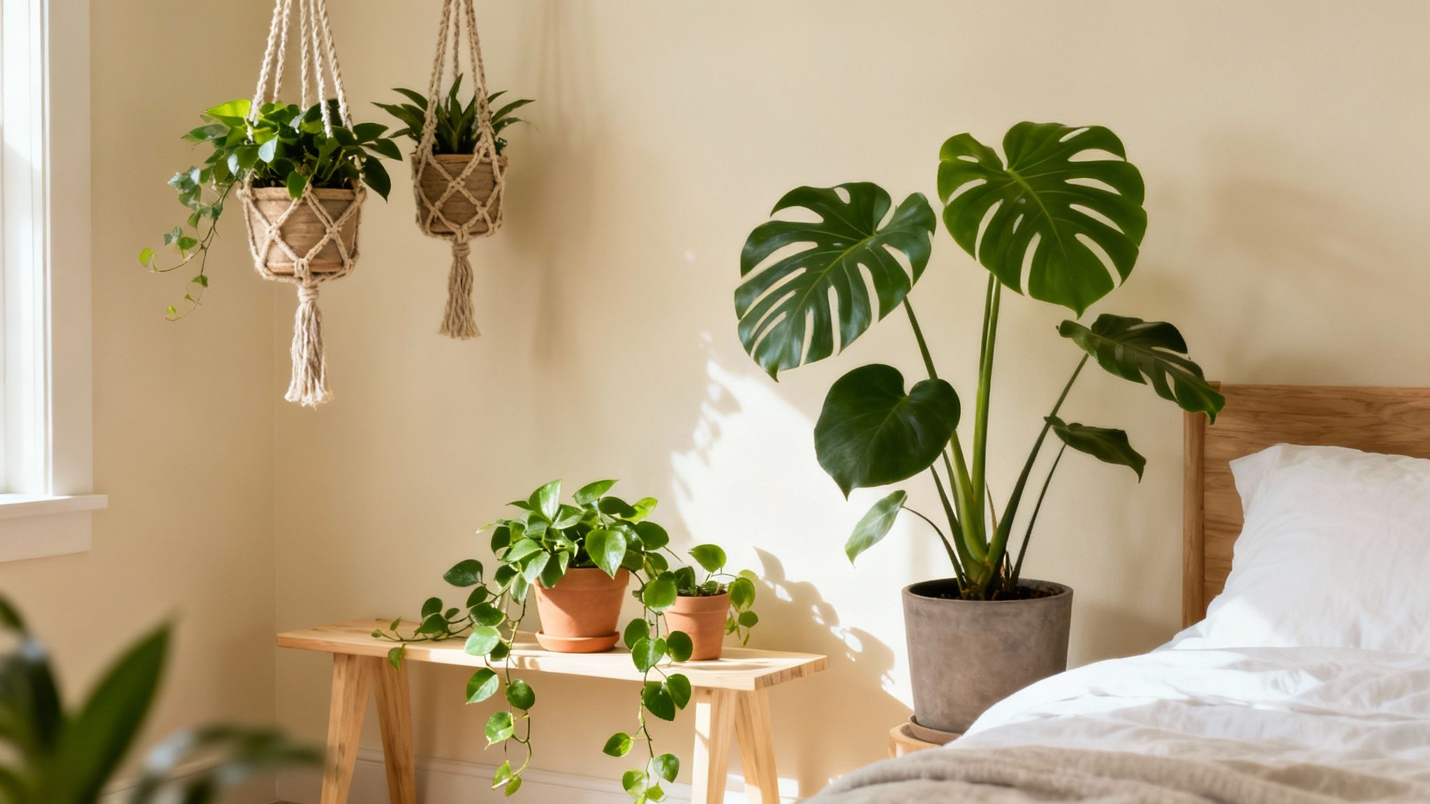 A bright, bohemian bedroom with various green houseplants, including hanging plants and a large Monstera, bathed in sunlight.