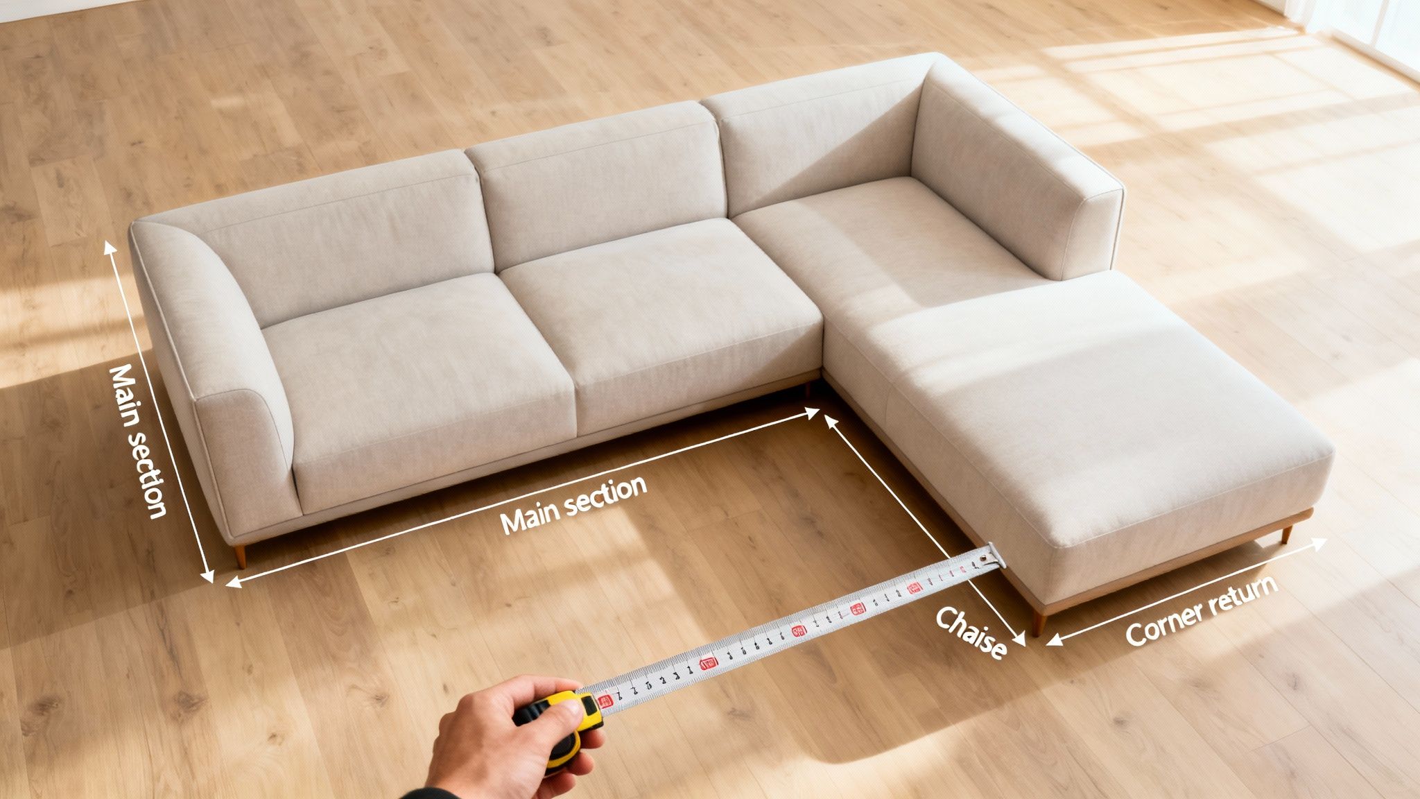 Overhead view of a person measuring a beige sectional sofa with a tape measure on a wooden floor.