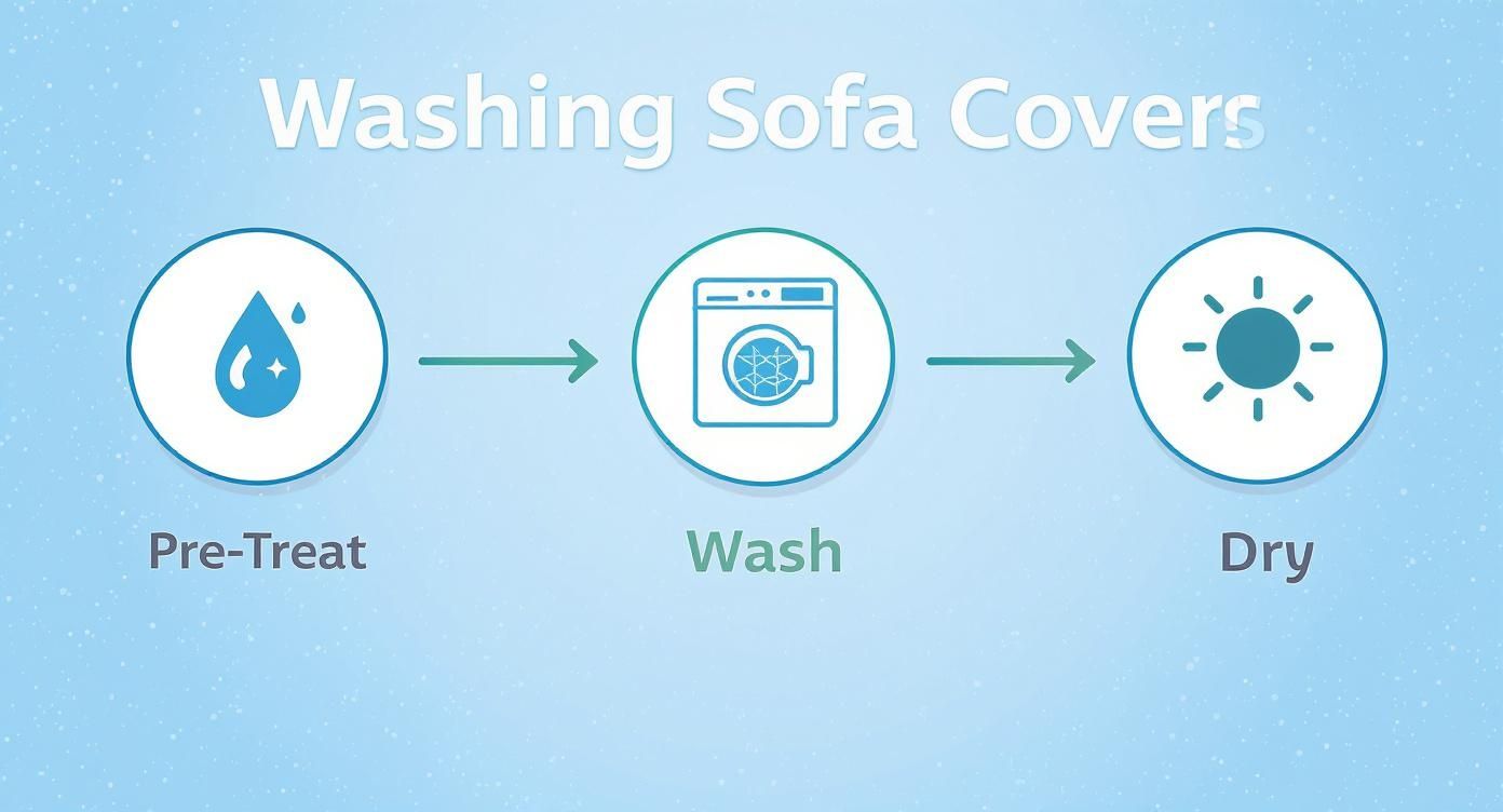 A clear graphic illustrating the three main steps for washing sofa covers: pre-treat, wash, and dry.