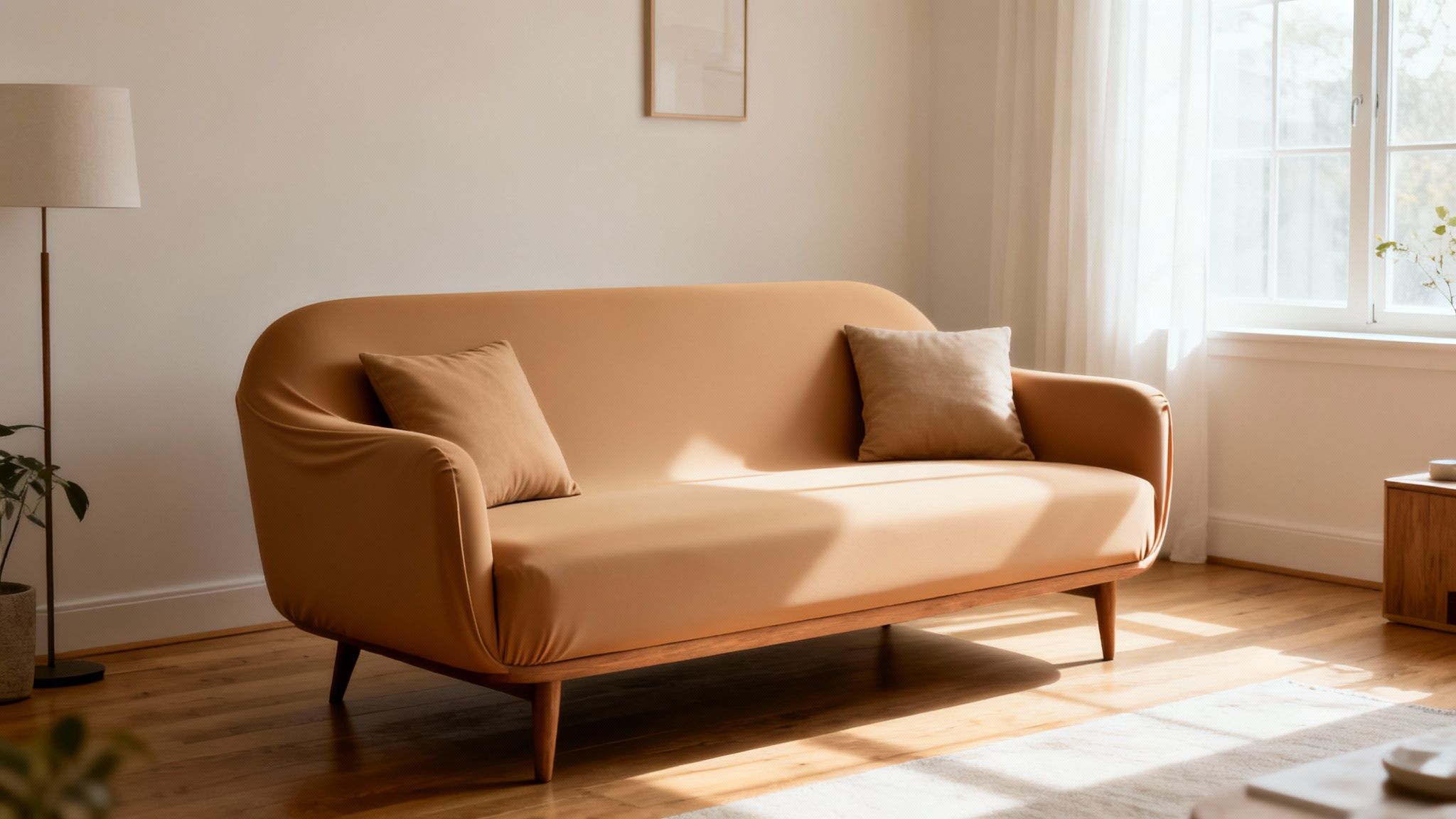 Modern living room featuring a tan elastic sofa cover, two pillows, and bright natural light.