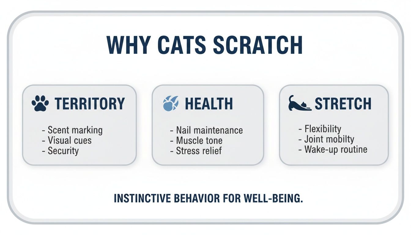 Infographic explaining why cats scratch, detailing reasons like territory, health, and stretching for well-being.
