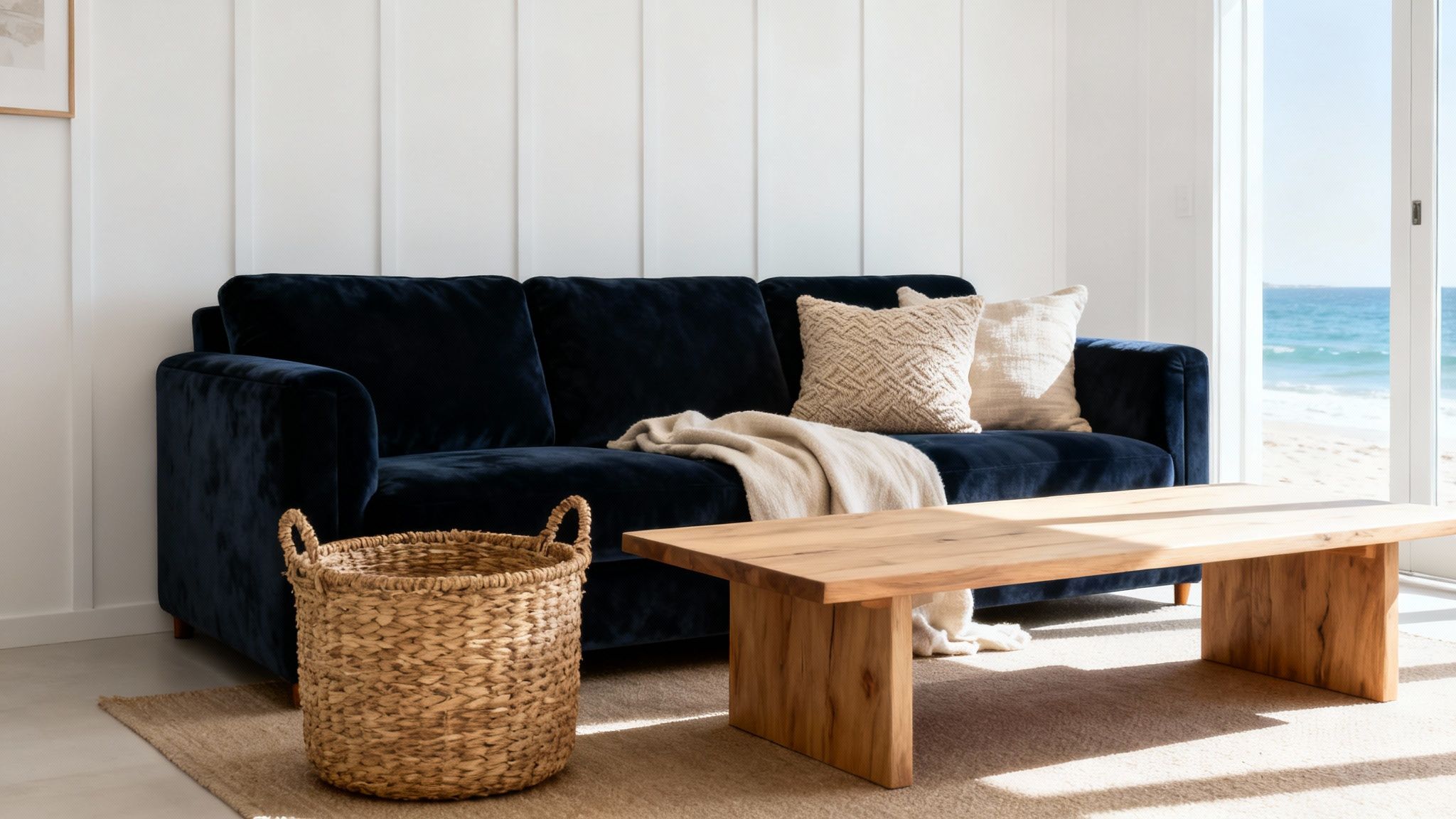 A stylish living room with a navy blue velvet sofa, wooden coffee table, and ocean view.