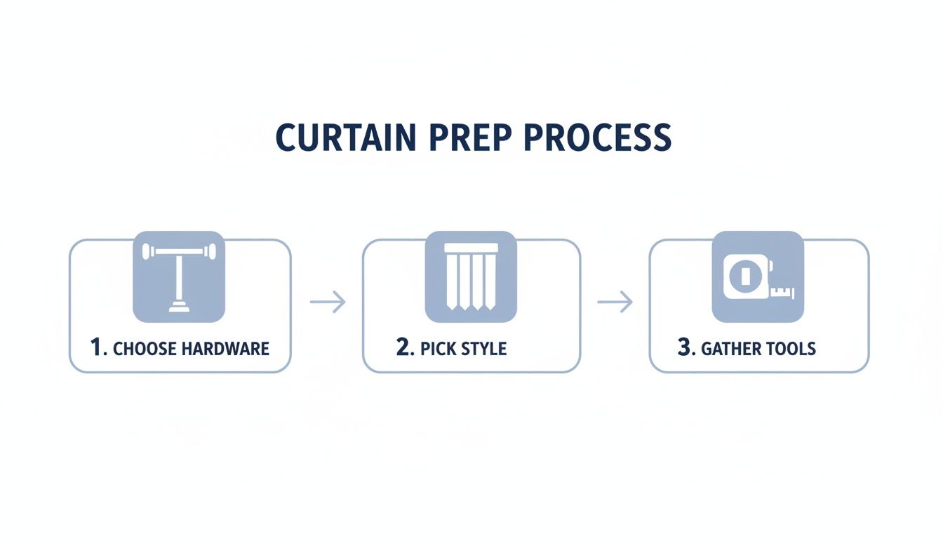Infographic illustrating the 3-step curtain preparation process: choose hardware, pick style, gather tools.