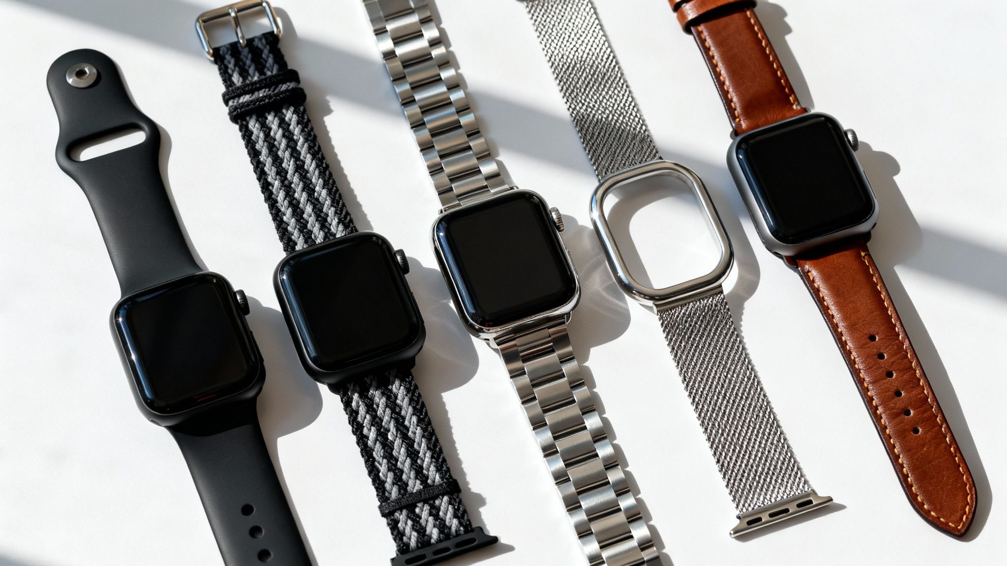Five Apple Watches with various bands including silicone, braided, metal, mesh, and leather.
