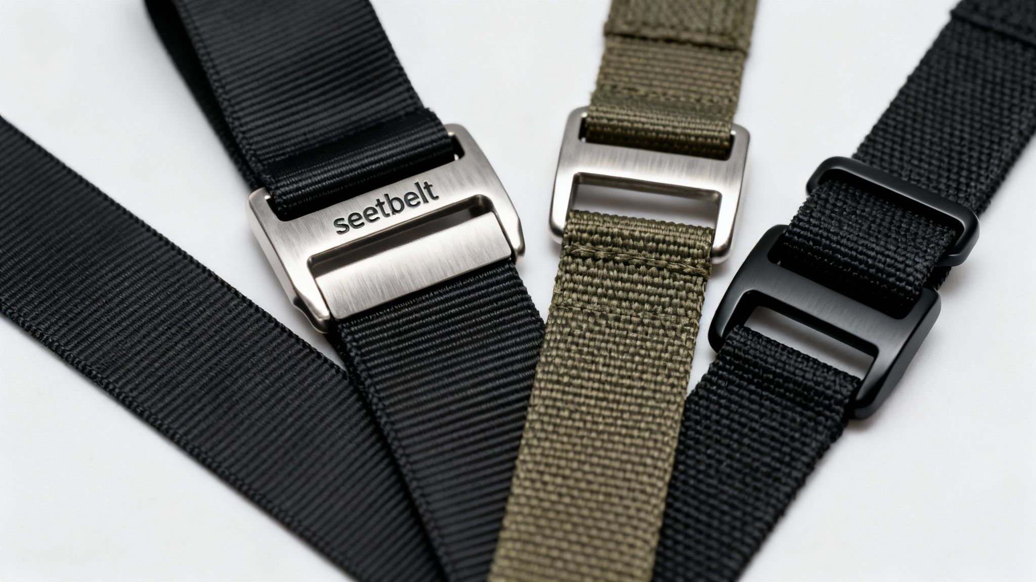 Three textured nylon straps in black and green with different styles of metal and plastic buckles.