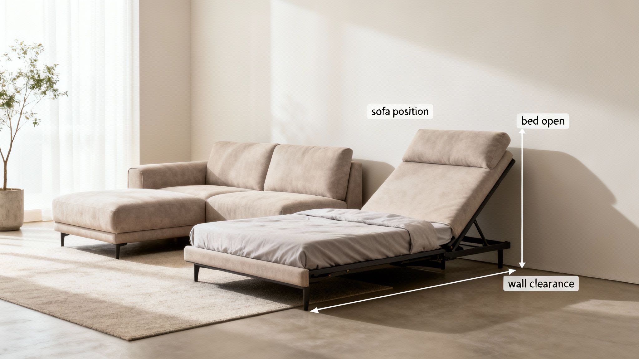 A modern living room features a beige sectional sofa and a convertible sofa bed with dimension labels.