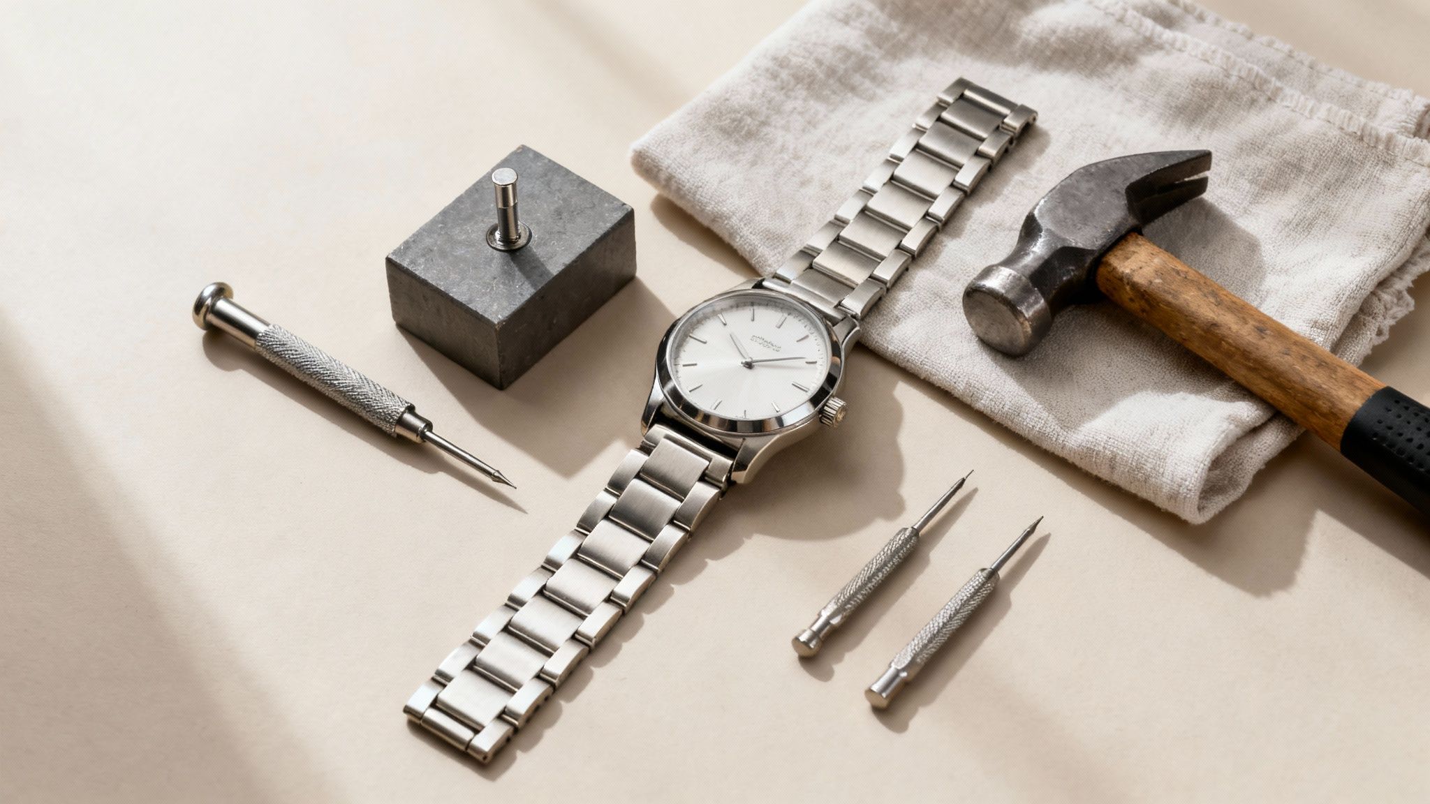A silver watch with a metal band surrounded by watch repair tools on a beige surface.