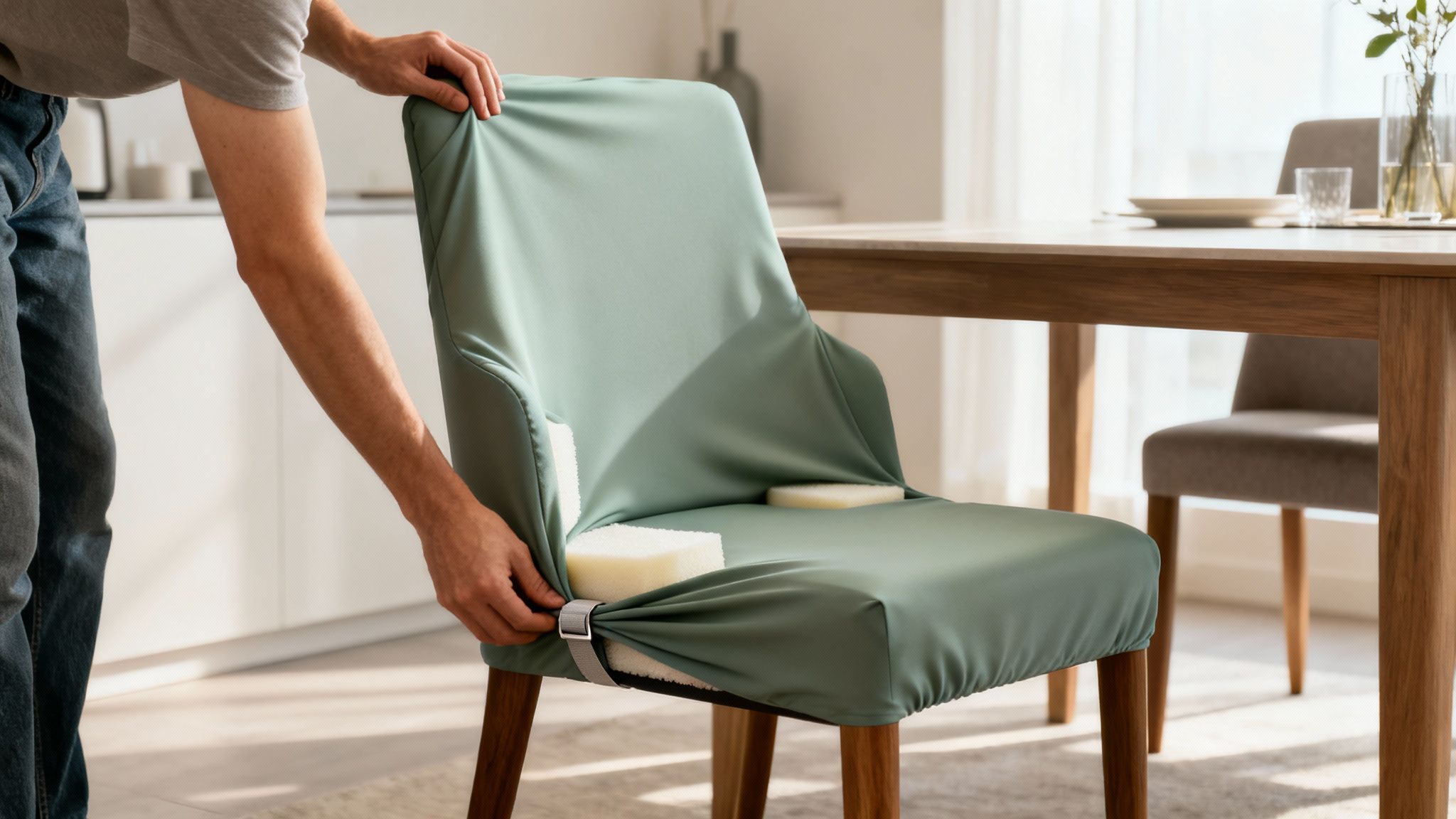 Hands adjusting a sage green stretch slipcover onto a dining chair, with cushioning sponges visible.