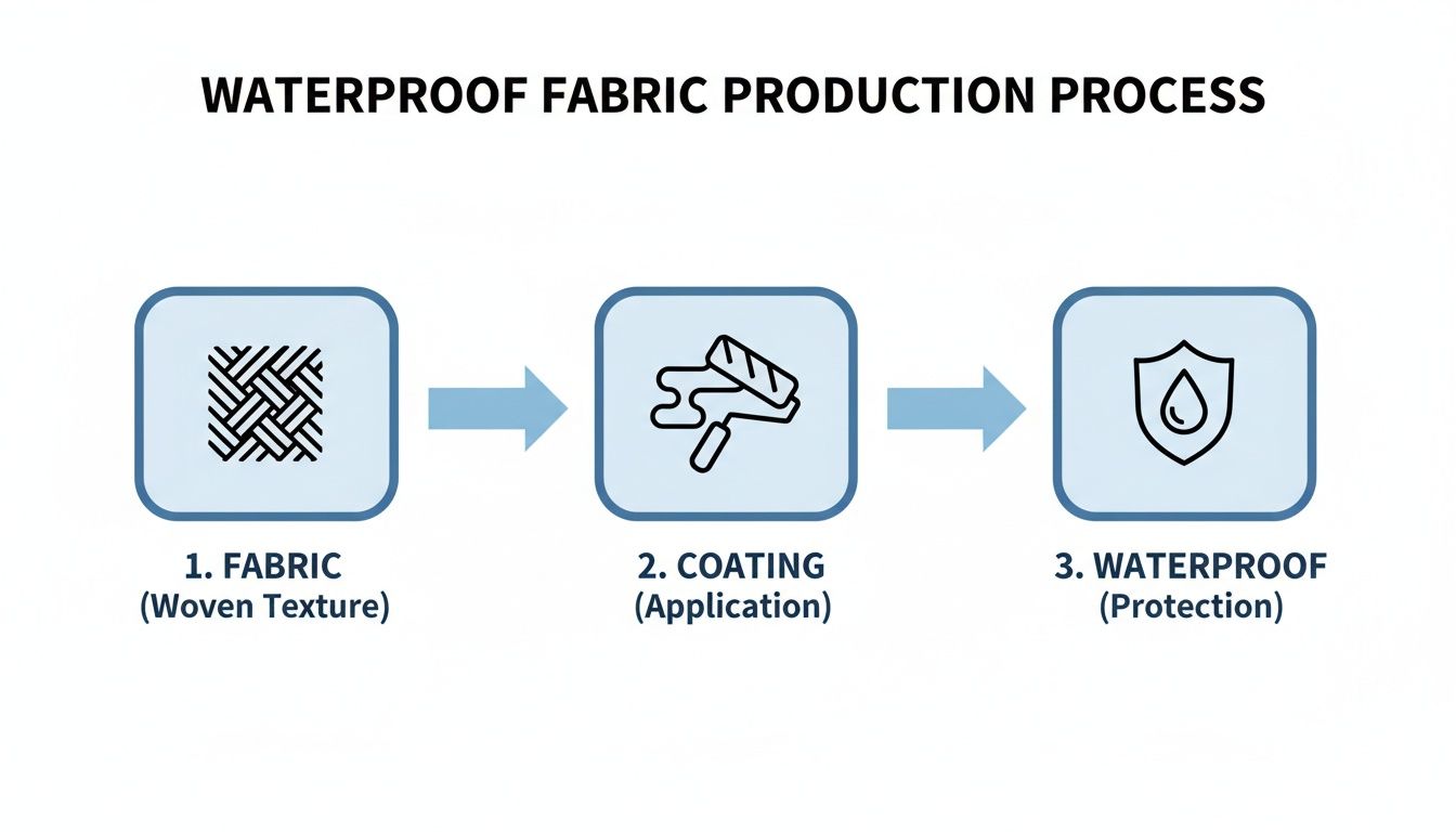 Diagram illustrating the three-step waterproof fabric production process: fabric, coating, and protection.