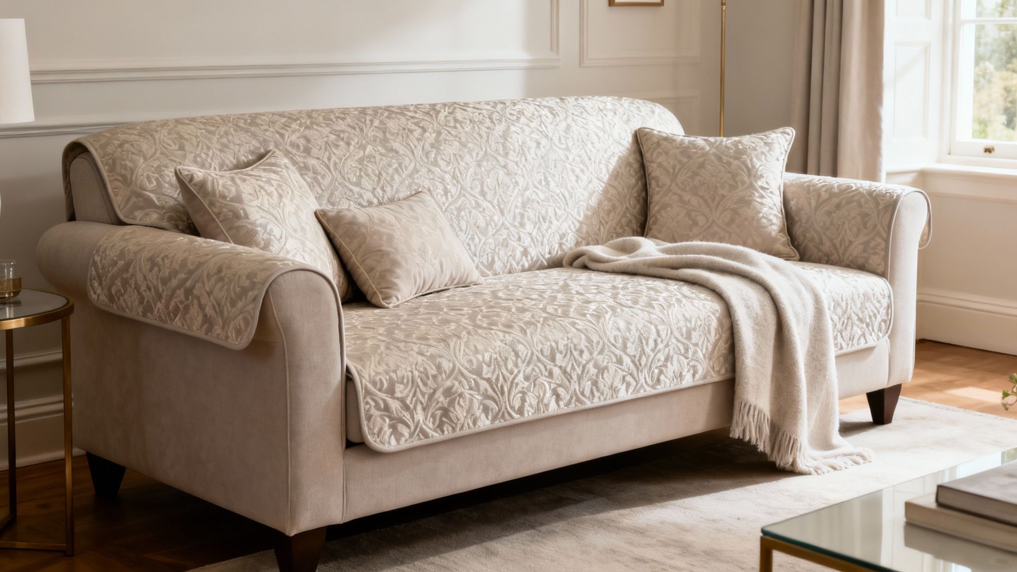 A comfortable cream sofa with a patterned couch cover, matching throw pillows, and a cozy blanket.