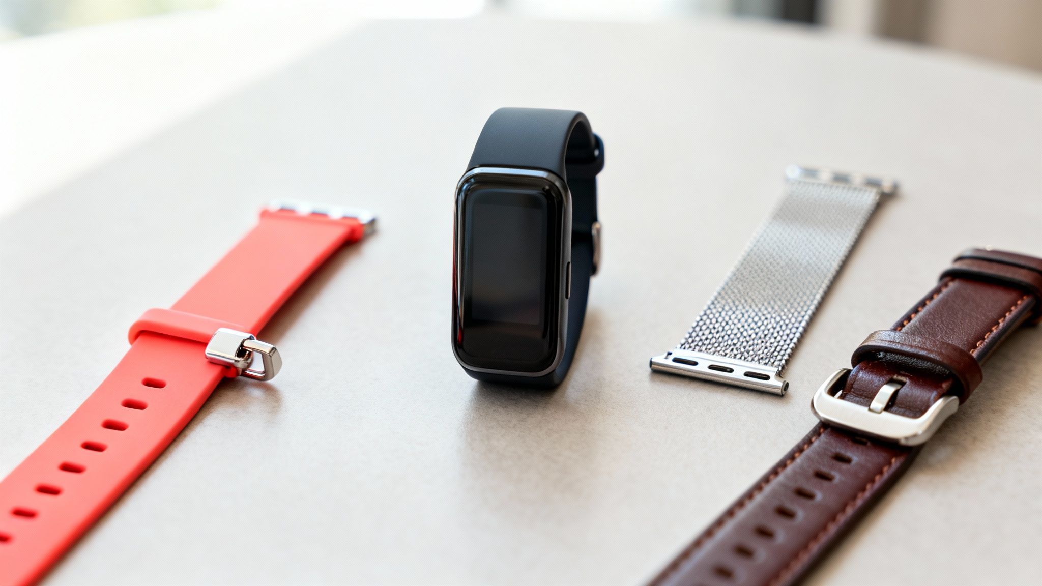 A black Samsung Galaxy Fit 3 smartwatch surrounded by red, silver, and brown watch straps.