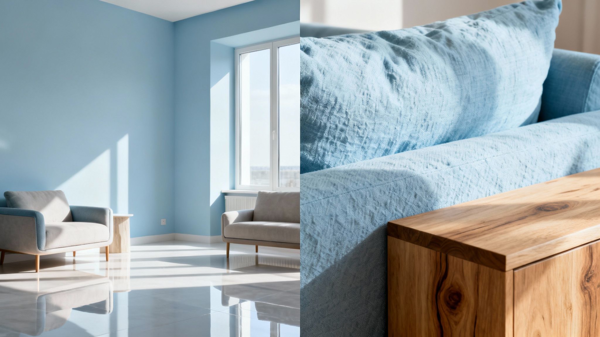 A bright, modern room featuring light blue walls, a gray armchair, and a close-up of a blue couch.