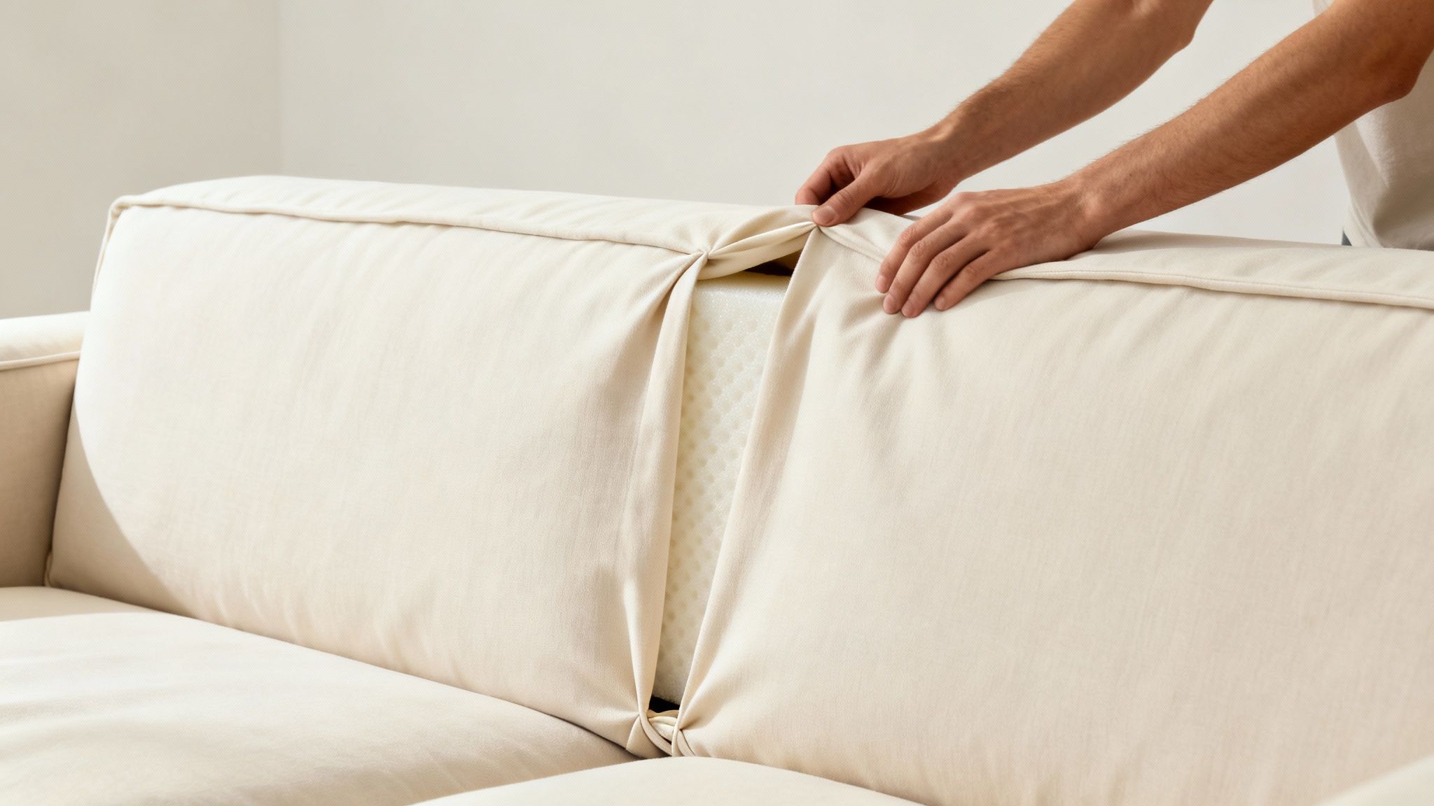 Hands adjust a beige sofa cushion, revealing the foam filling underneath the slipcover.