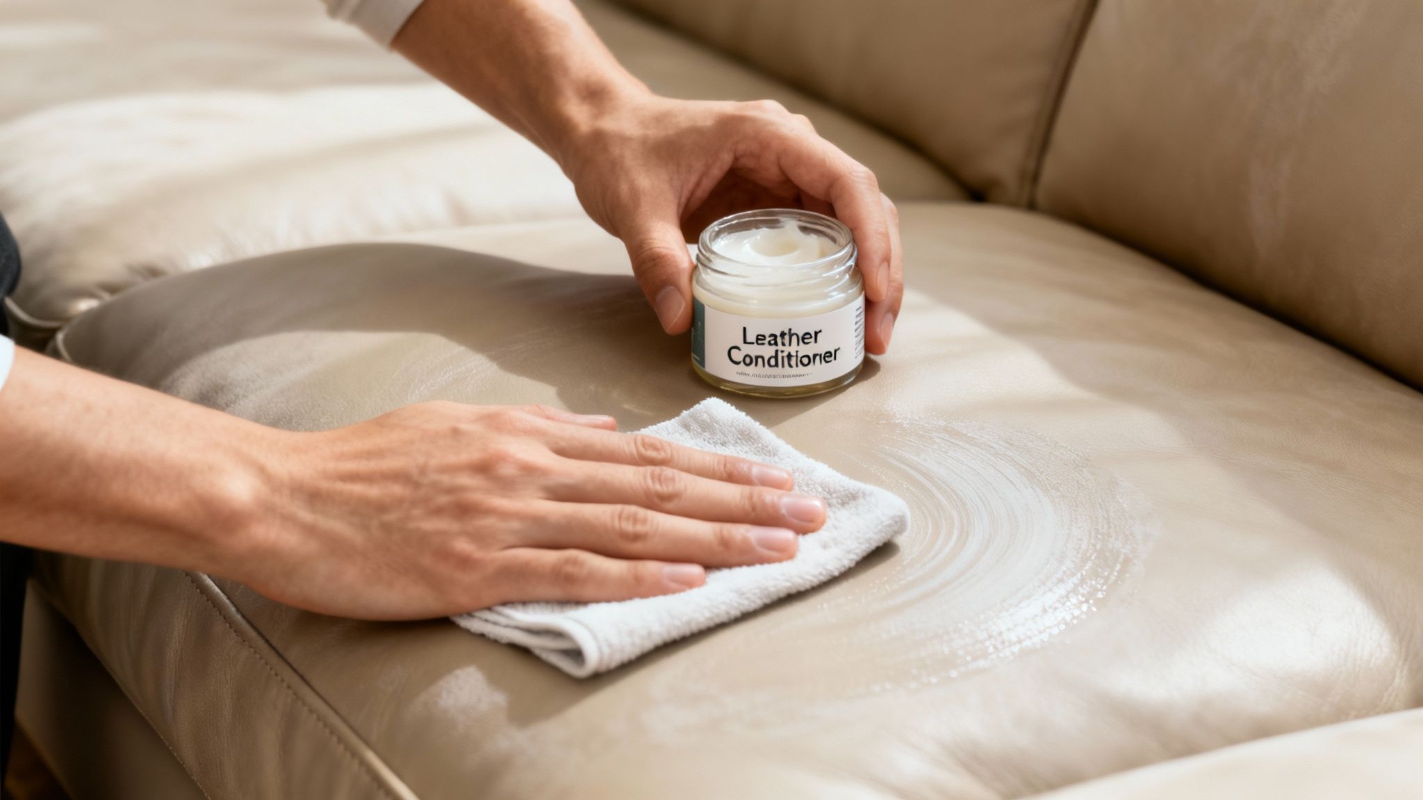 Hands applying leather conditioner to a beige leather sofa with a white cloth.