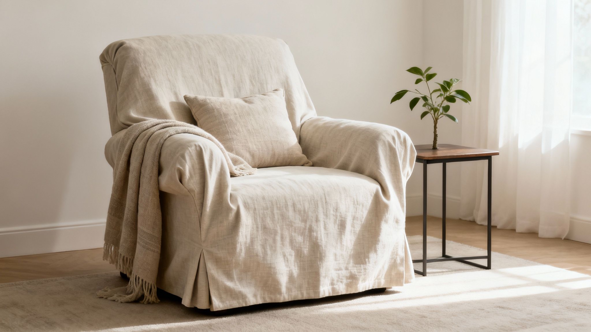 A cozy living room features a beige slipcovered recliner chair, throw blanket, and a plant on a side table.